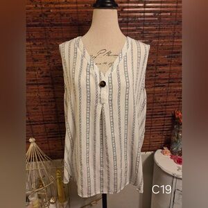 Siren Lily White Sleeveless V-Neck Button-Front Tank with Black Vertical Stripes